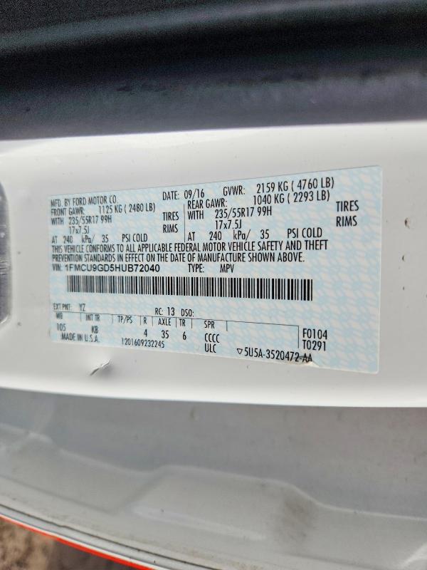 65842526 :رقم المزاد ، 1FMCU9GD5HUB72040 vin ، 2017 Ford Escape مزاد بيع