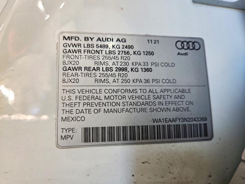 65624216 :رقم المزاد ، WA1EAAFY3N2043369 vin ، 2022 Audi Q5 مزاد بيع