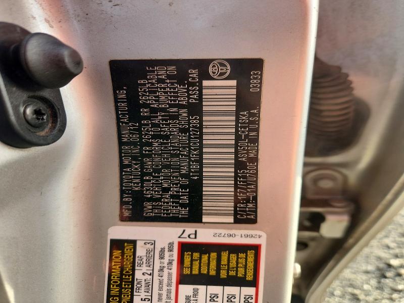 2012 Toyota Camry მანქანა იყიდება აუქციონზე, vin: 4T1BF1FK1CU127385, აუქციონის ნომერი: 63717966