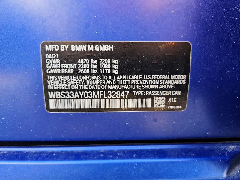 Aukcja sprzedaży 2021 Bmw M3, vin: WBS33AY03MFL32847, numer aukcji: 65020196