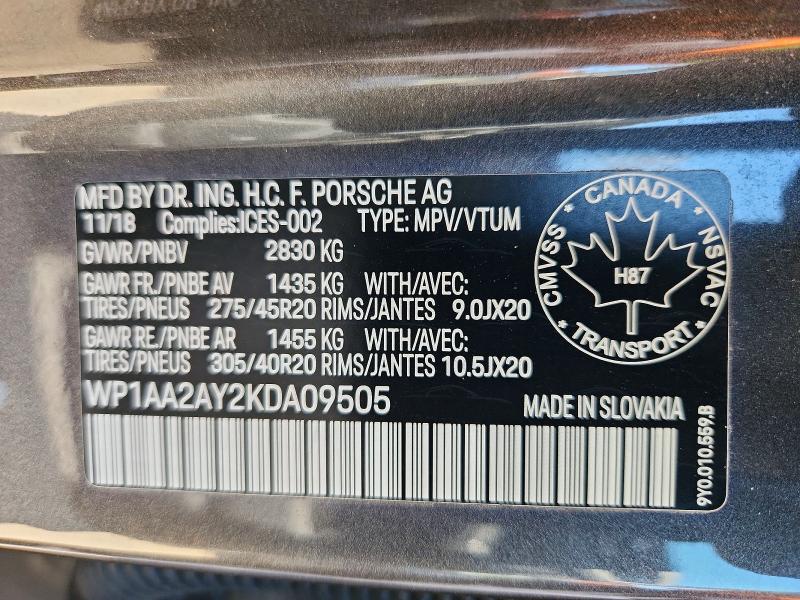63285696 :رقم المزاد ، WP1AA2AY2KDA09505 vin ، 2019 Porsche Cayenne مزاد بيع