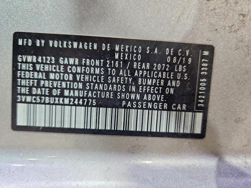 2019 Volkswagen Jetta მანქანა იყიდება აუქციონზე, vin: 3VWC57BUXKM244775, აუქციონის ნომერი: 63881306