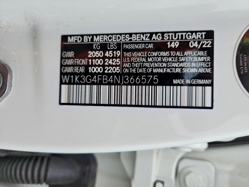 Aukcja sprzedaży 2022 Mercedes-benz A, vin: W1K3G4FB4NJ366575, numer aukcji: 64544456