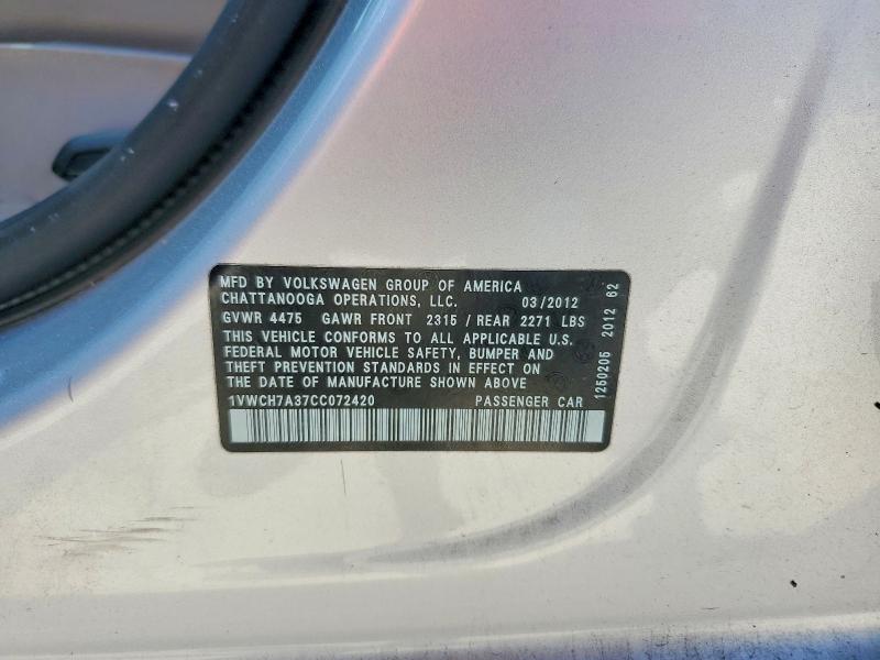 Продажа на аукционе авто 2012 Volkswagen Passat, vin: 1VWCH7A37CC072420, номер лота: 65941496
