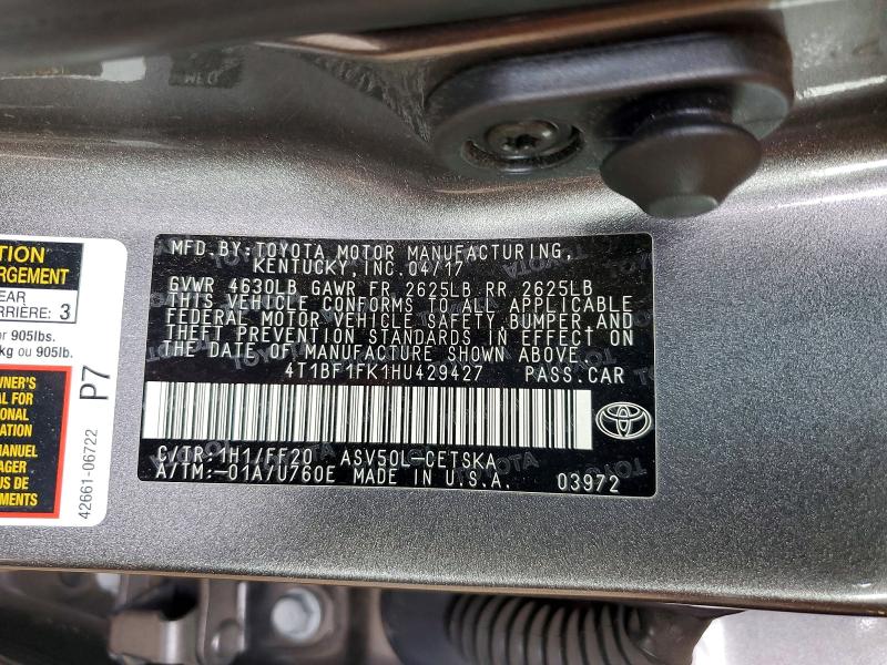 Aukcja sprzedaży 2017 Toyota Camry, vin: 4T1BF1FK1HU429427, numer aukcji: 64423786