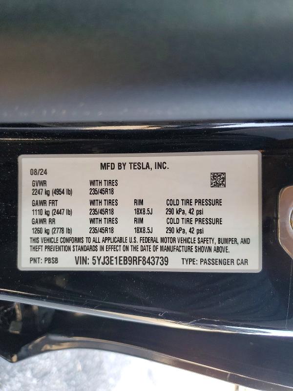 Aukcja sprzedaży 2024 Tesla Model 3, vin: 5YJ3E1EB9RF843739, numer aukcji: 63886696