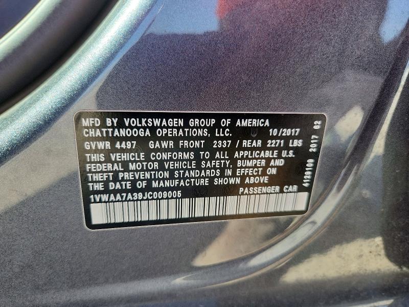 2018 Volkswagen Passat მანქანა იყიდება აუქციონზე, vin: 1VWAA7A39JC009005, აუქციონის ნომერი: 67099726