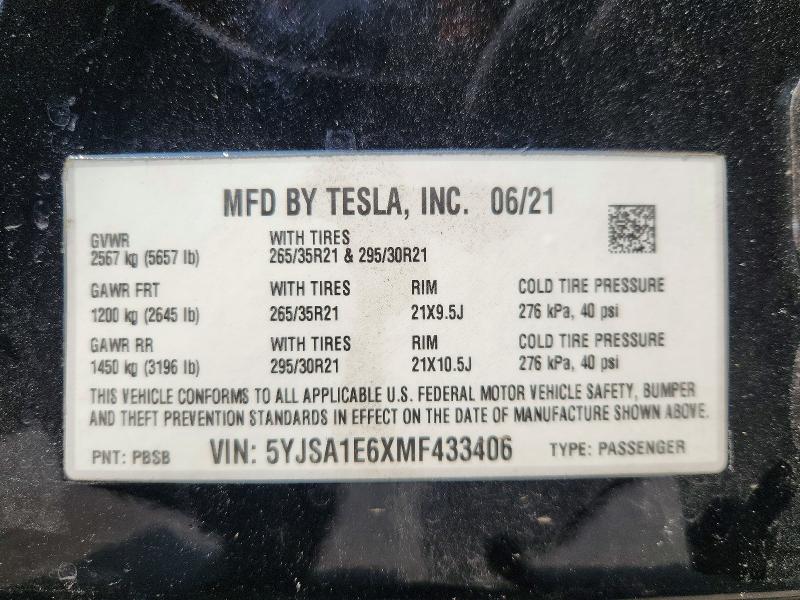 Aukcja sprzedaży 2021 Tesla Model S, vin: 5YJSA1E6XMF433406, numer aukcji: 64837756