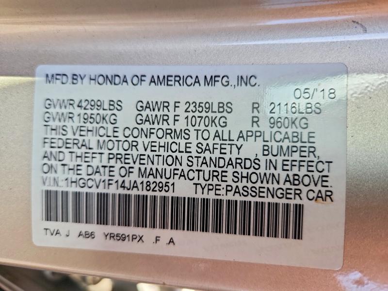 2018 Honda Accord მანქანა იყიდება აუქციონზე, vin: 1HGCV1F14JA182951, აუქციონის ნომერი: 66310246