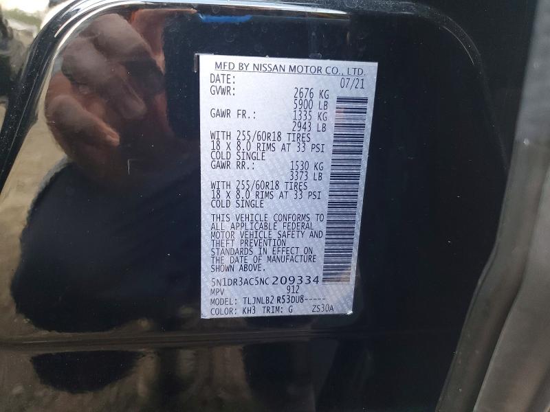 66689896 :رقم المزاد ، 5N1DR3AC5NC209334 vin ، 2022 Nissan Pathfinder مزاد بيع
