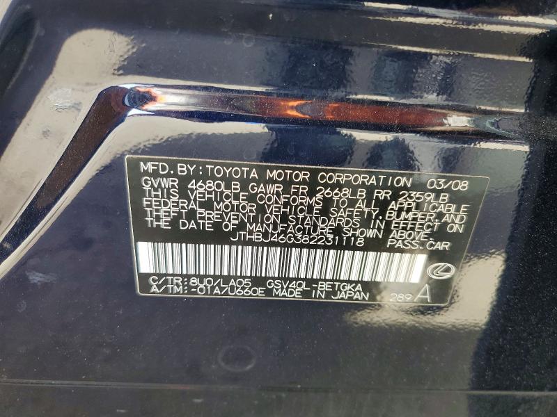 Aukcja sprzedaży 2008 Lexus Es, vin: JTHBJ46G382231118, numer aukcji: 66069216