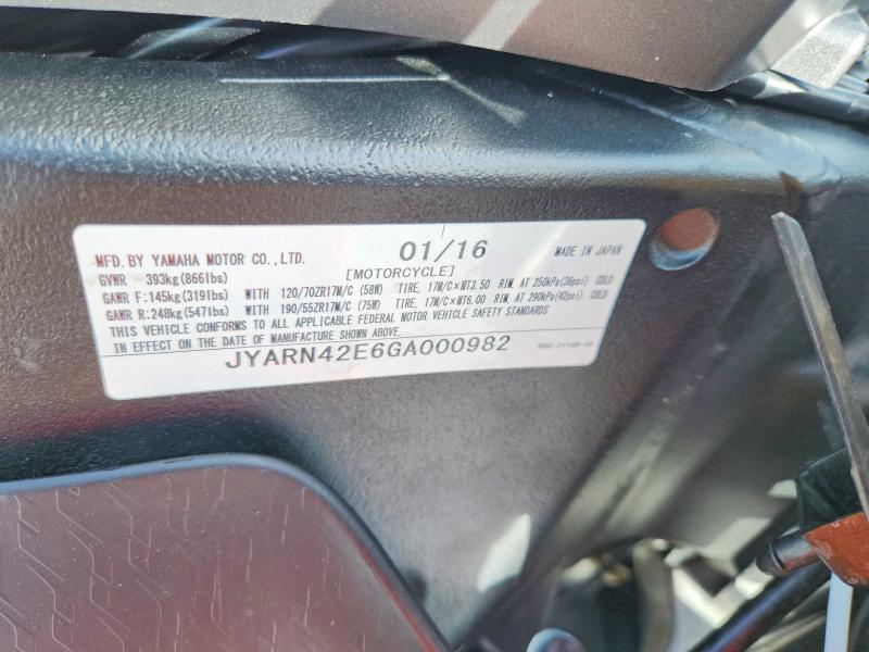63679426 :رقم المزاد ، JYARN42E6GA000982 vin ، 2016 Yamaha Yzfr1s مزاد بيع