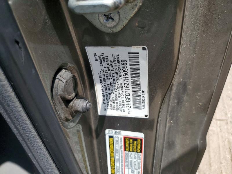 2007 Honda Civic მანქანა იყიდება აუქციონზე, vin: 2HGFG11627H509559, აუქციონის ნომერი: 64330966
