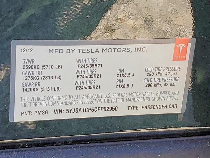 64796876 :رقم المزاد ، 5YJSA1CP6CFP02950 vin ، 2012 Tesla Model S مزاد بيع