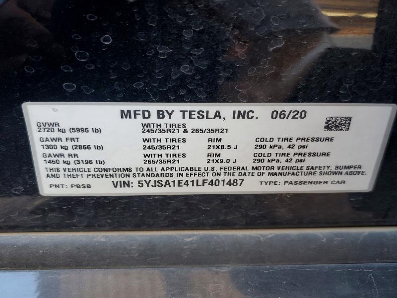 2020 Tesla Model S მანქანა იყიდება აუქციონზე, vin: 5YJSA1E41LF401487, აუქციონის ნომერი: 65662786