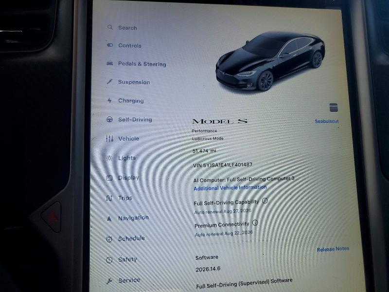 2020 Tesla Model S მანქანა იყიდება აუქციონზე, vin: 5YJSA1E41LF401487, აუქციონის ნომერი: 65662786