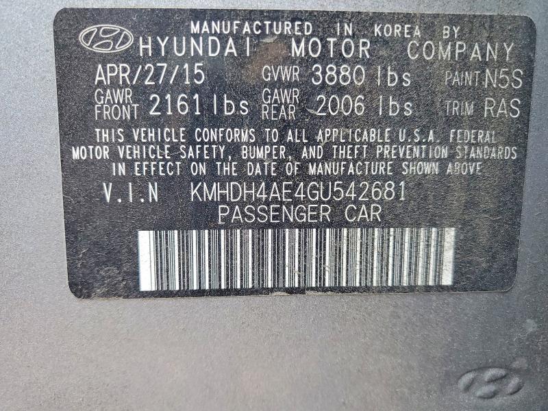 62880116 :رقم المزاد ، KMHDH4AE4GU542681 vin ، 2016 Hyundai Elantra مزاد بيع