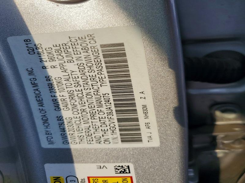 64740606 :رقم المزاد ، 1HGCV1F39JA124075 vin ، 2018 Honda Accord مزاد بيع