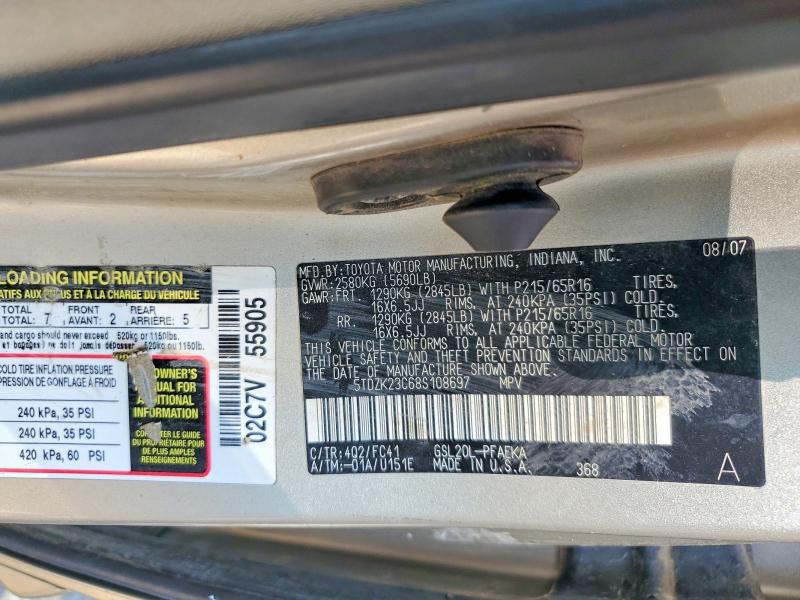 Aukcja sprzedaży 2008 Toyota Sienna, vin: 5TDZK23C68S108697, numer aukcji: 65312686