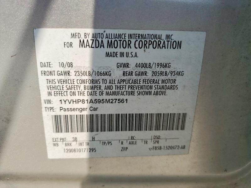 2009 Mazda 6 მანქანა იყიდება აუქციონზე, vin: 1YVHP81A595M27561, აუქციონის ნომერი: 63862356