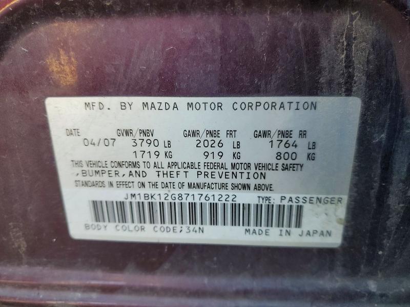 Aukcja sprzedaży 2007 Mazda 3, vin: JM1BK12G871761222, numer aukcji: 63705886