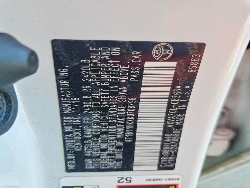 2019 Toyota Camry მანქანა იყიდება აუქციონზე, vin: 4T1B11HKXKU708796, აუქციონის ნომერი: 66426316