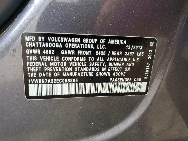 64558206 :رقم المزاد ، 1VWBN7A32EC058805 vin ، 2014 Volkswagen Passat مزاد بيع