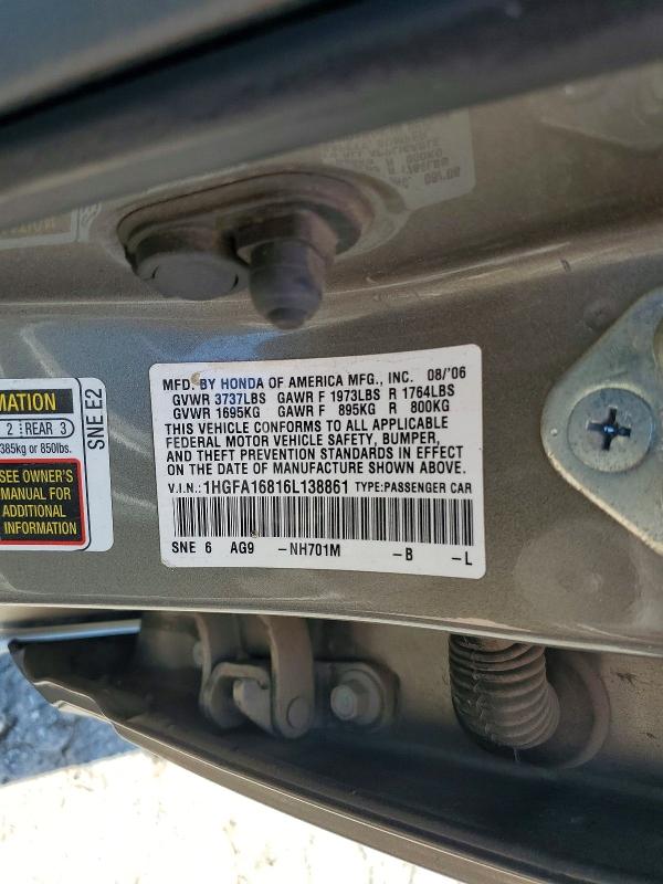Продажа на аукционе авто 2006 Honda Civic, vin: 1HGFA16816L138861, номер лота: 64058606