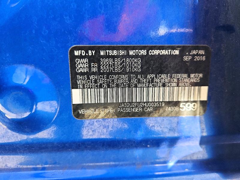 Aukcja sprzedaży 2017 Mitsubishi Lancer, vin: JA32U2FU2HU003519, numer aukcji: 66261586