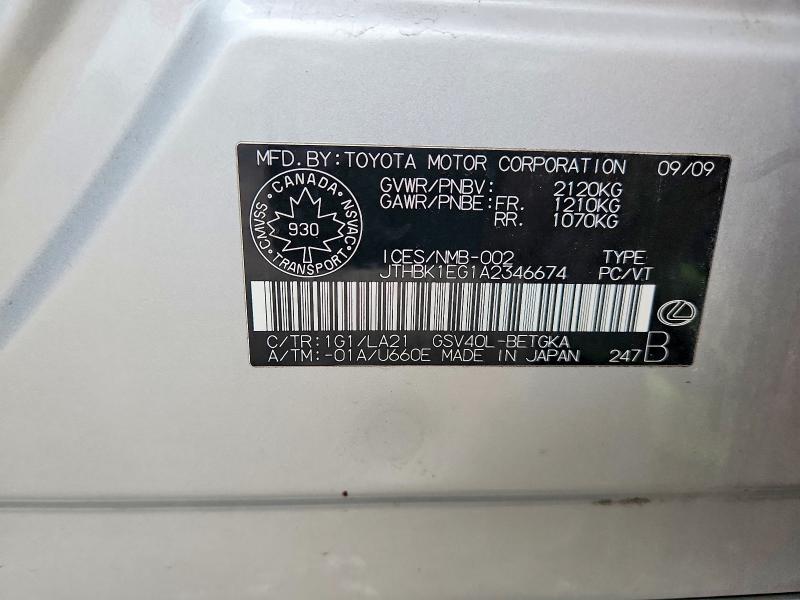 64274536 :رقم المزاد ، JTHBK1EG1A2346674 vin ، 2010 Lexus Es مزاد بيع