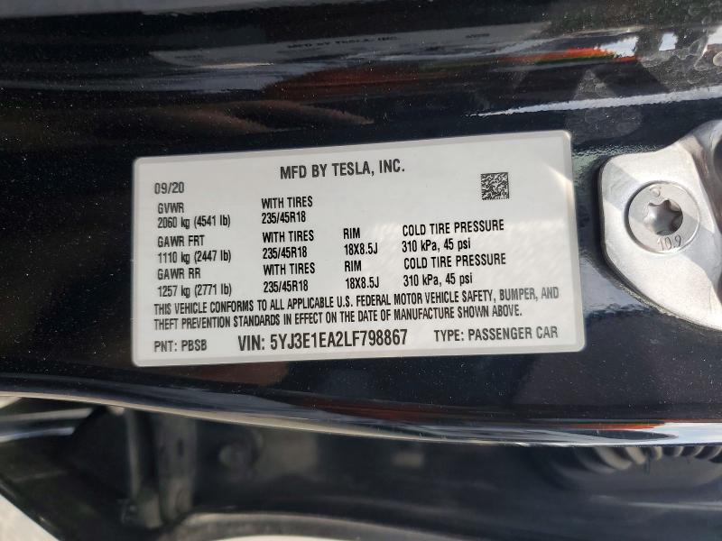2020 Tesla Model 3 მანქანა იყიდება აუქციონზე, vin: 5YJ3E1EA2LF798867, აუქციონის ნომერი: 64238916