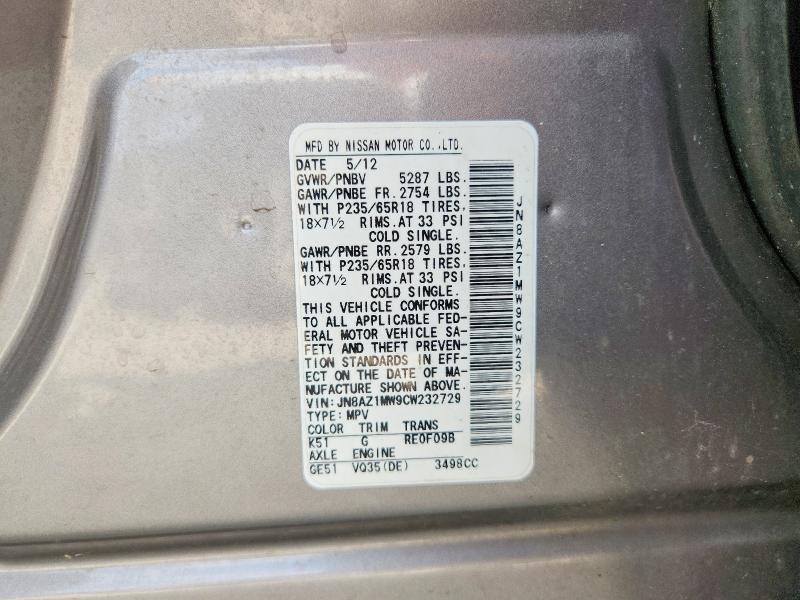Aukcja sprzedaży 2012 Nissan Murano, vin: JN8AZ1MW9CW232729, numer aukcji: 64244596