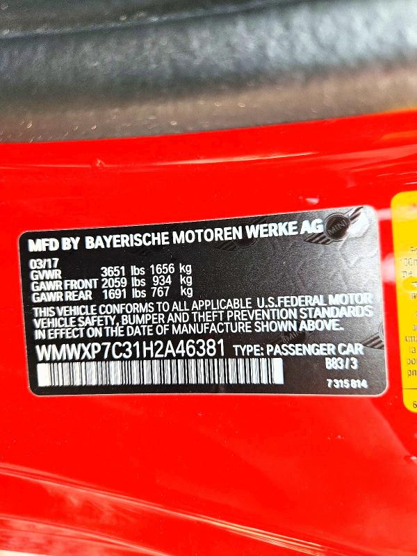 Aukcja sprzedaży 2017 Mini Cooper, vin: WMWXP7C31H2A46381, numer aukcji: 63913046