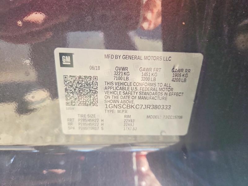 72451996 :رقم المزاد ، 1GNSCBKC7JR380333 vin ، 2018 Chevrolet Tahoe مزاد بيع