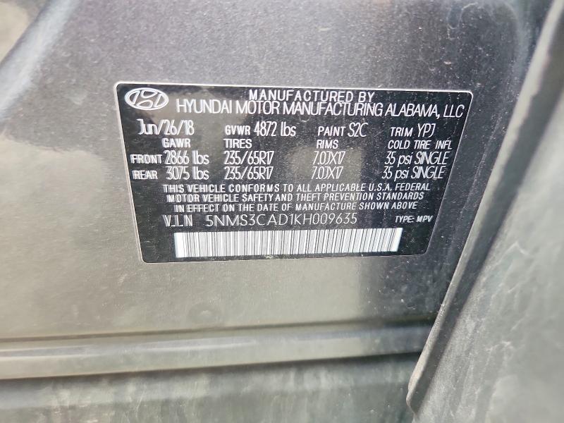 65375796 :رقم المزاد ، 5NMS3CAD1KH009635 vin ، 2019 Hyundai Santa Fe مزاد بيع