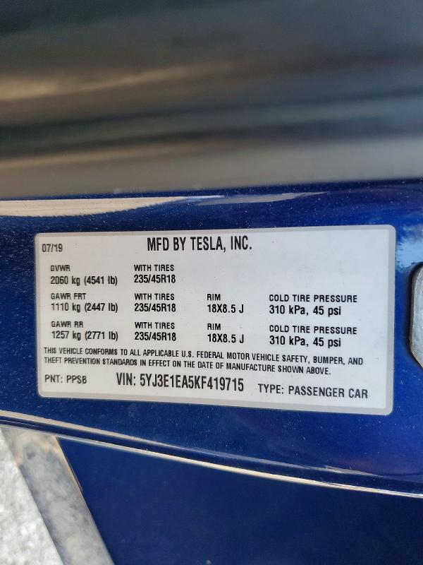 Продажа на аукционе авто 2019 Tesla Model 3, vin: 5YJ3E1EA5KF419715, номер лота: 66082446