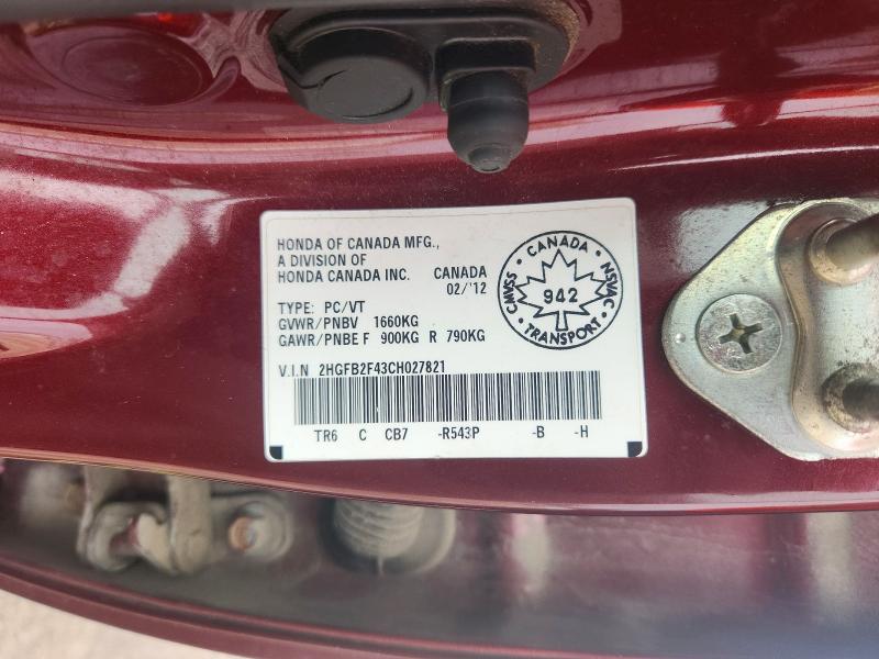 Aukcja sprzedaży 2012 Honda Civic, vin: 2HGFB2F43CH027821, numer aukcji: 64908146