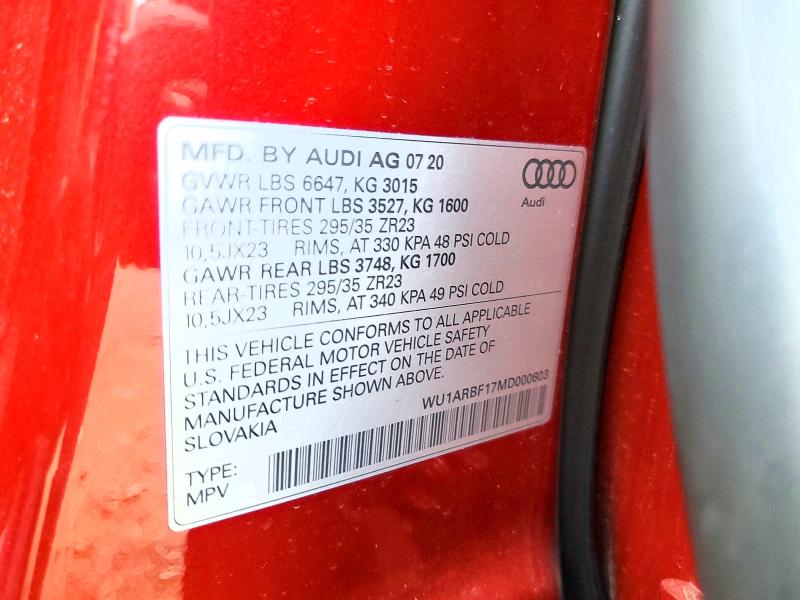 64653676 :رقم المزاد ، WU1ARBF17MD000603 vin ، 2021 Audi Rs Q8 مزاد بيع
