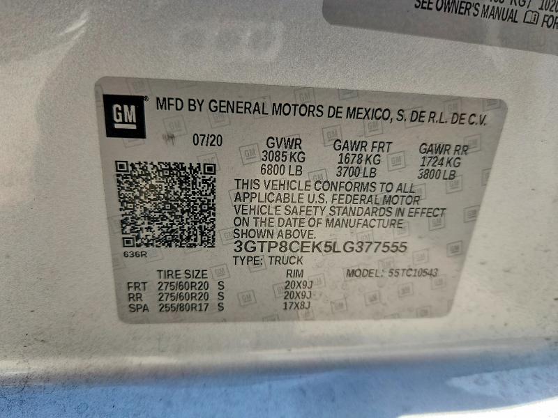 65648606 :رقم المزاد ، 3GTP8CEK5LG377555 vin ، 2020 Gmc Sierra مزاد بيع