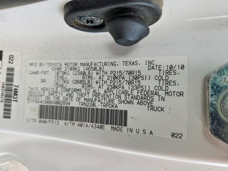 2011 Toyota Tacoma მანქანა იყიდება აუქციონზე, vin: 5TFNX4CN6BX002894, აუქციონის ნომერი: 65606676