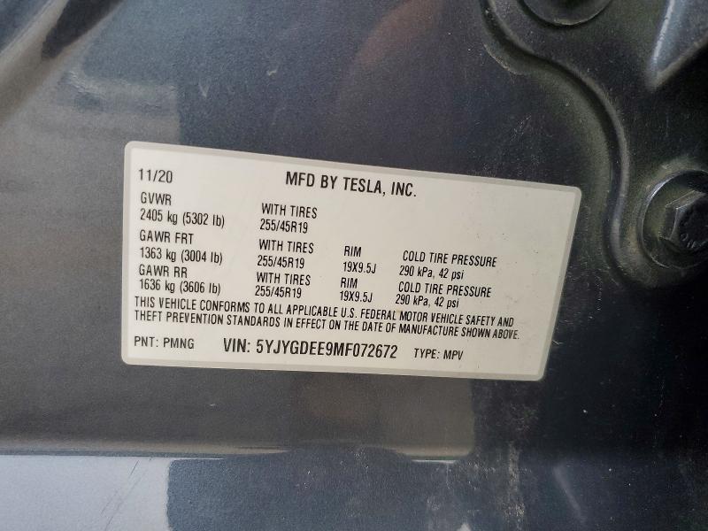 2021 Tesla Model Y მანქანა იყიდება აუქციონზე, vin: 5YJYGDEE9MF072672, აუქციონის ნომერი: 61843816