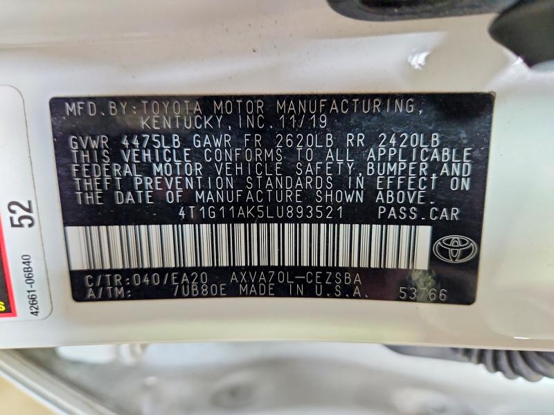 2020 Toyota Camry მანქანა იყიდება აუქციონზე, vin: 4T1G11AK5LU893521, აუქციონის ნომერი: 63774426