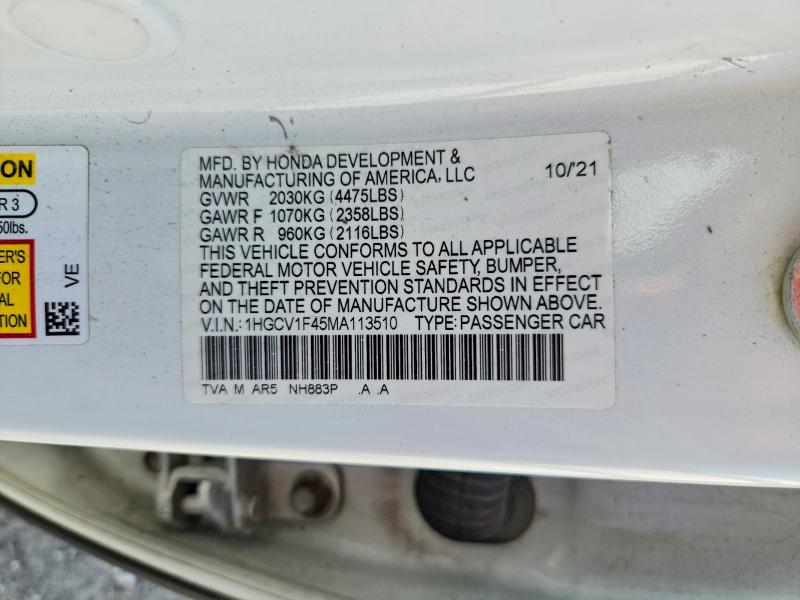 Aukcja sprzedaży 2021 Honda Accord, vin: 1HGCV1F45MA113510, numer aukcji: 66275456