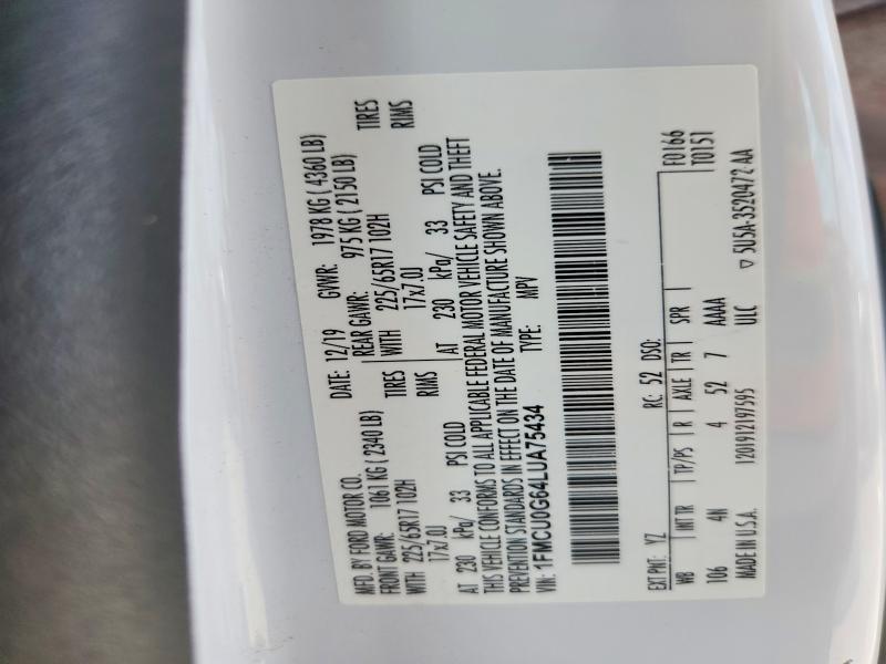 63965976 :رقم المزاد ، 1FMCU0G64LUA75434 vin ، 2020 Ford Escape مزاد بيع