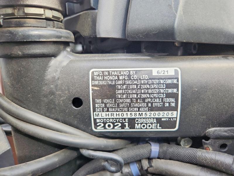 Aukcja sprzedaży 2021 Honda Cbr650, vin: MLHRH0158M5200205, numer aukcji: 66144286