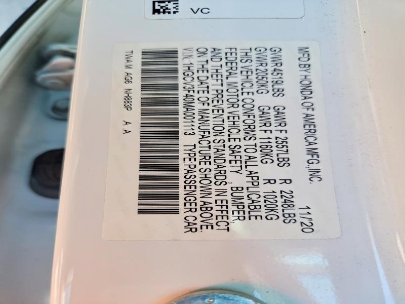 65164706 :رقم المزاد ، 1HGCV3F40MA001113 vin ، 2021 Honda Accord مزاد بيع