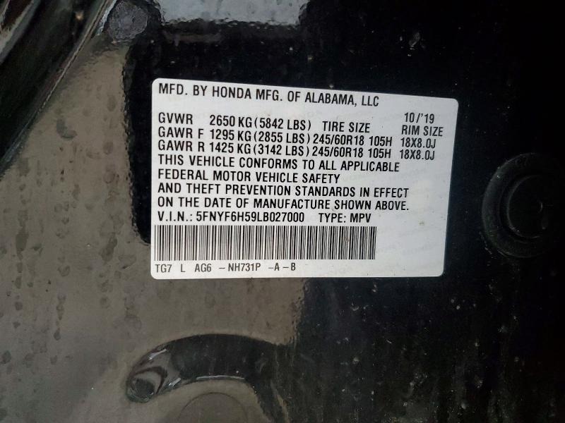 2020 Honda Pilot მანქანა იყიდება აუქციონზე, vin: 5FNYF6H59LB027000, აუქციონის ნომერი: 64310326