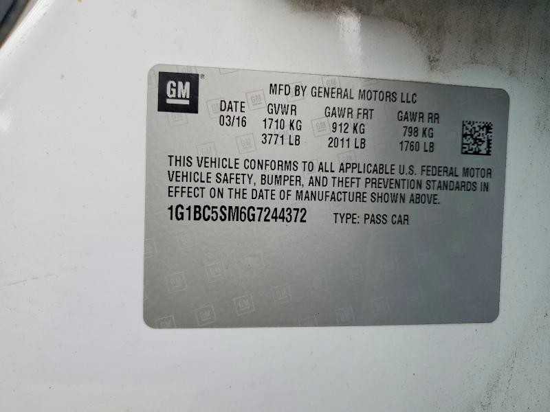 2016 Chevrolet Cruze მანქანა იყიდება აუქციონზე, vin: 1G1BC5SM6G7244372, აუქციონის ნომერი: 64909066