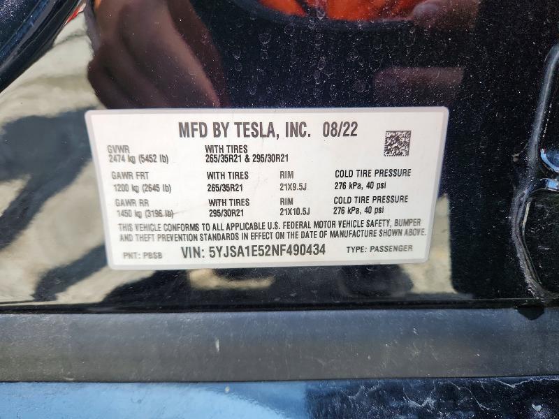 2022 Tesla Model S მანქანა იყიდება აუქციონზე, vin: 5YJSA1E52NF490434, აუქციონის ნომერი: 63287426