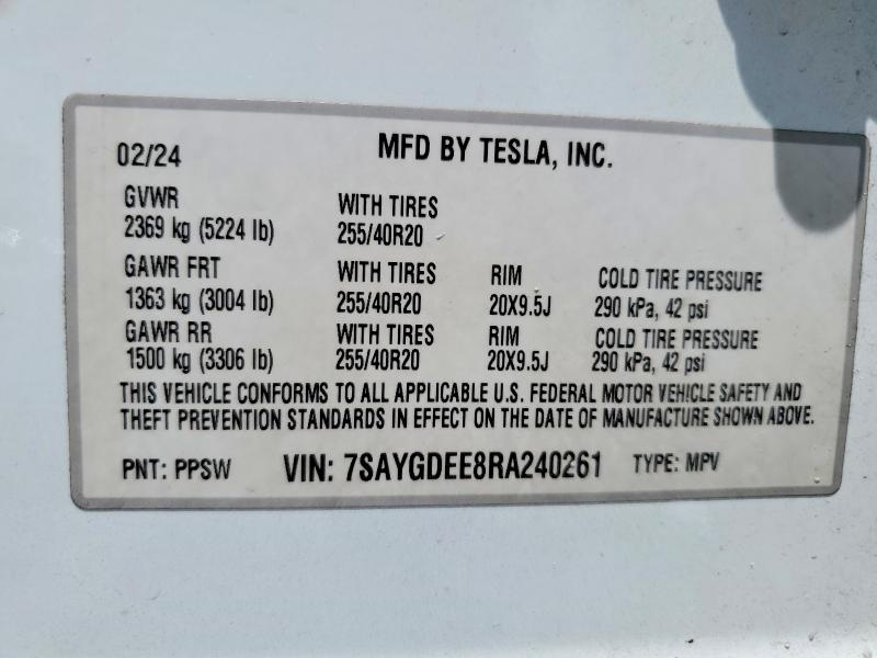 Продажа на аукционе авто 2024 Tesla Model Y, vin: 7SAYGDEE8RA240261, номер лота: 64275566